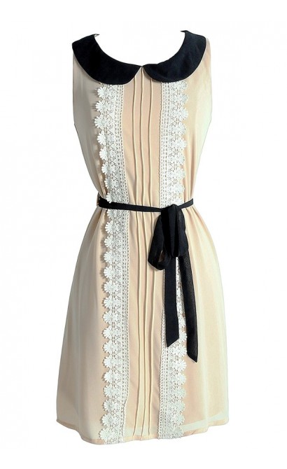 Emma Peter Pan Collar Chiffon and Crochet Trim Dress in Beige